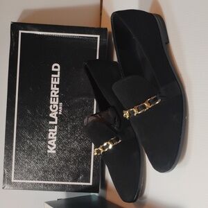 FITS Size 7 Shoe Karl Lagerfeld Black Suede Loafers with Gold Chain Accent